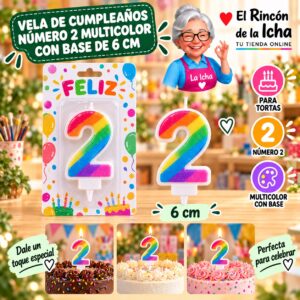 RI-0009724 Vela de Cumpleaños Número 2 Multicolor con Base de 6 cm Feliz