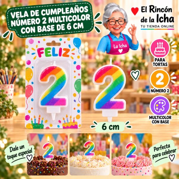 RI-0009724 Vela de Cumpleaños Número 2 Multicolor con Base de 6 cm Feliz