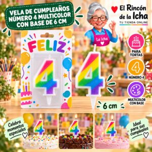 RI-0009725 Vela de Cumpleaños Número 4 Multicolor con Base de 6 cm Feliz