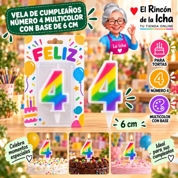 RI-0009725 Vela de Cumpleaños Número 4 Multicolor con Base de 6 cm Feliz