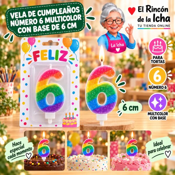 RI-0009726 Vela de Cumpleaños Número 6 Multicolor con Base de 6 cm Feliz