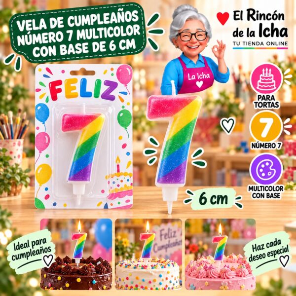 RI-0009727 Vela de Cumpleaños Número 7 Multicolor con Base de 6 cm Feliz