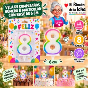 RI-0009728 Vela de Cumpleaños Número 8 Multicolor con Base de 6 cm Feliz