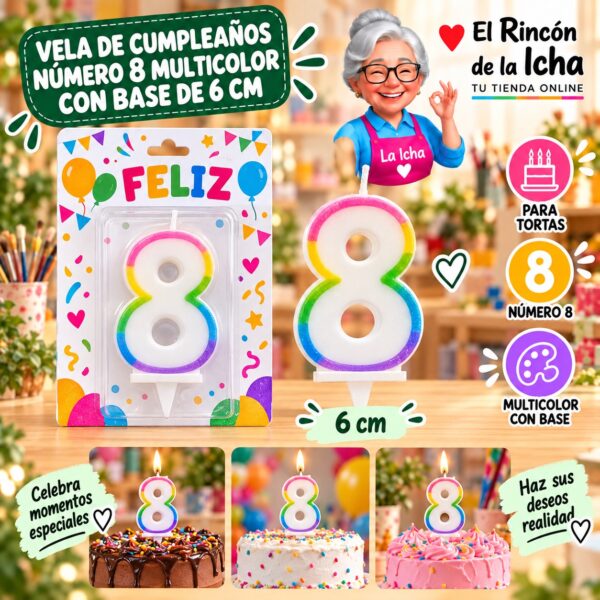 RI-0009728 Vela de Cumpleaños Número 8 Multicolor con Base de 6 cm Feliz