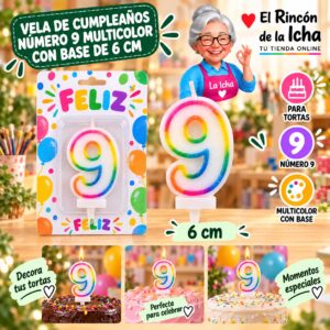 RI-0009729 Vela de Cumpleaños Número 9 Multicolor con Base de 6 cm Feliz