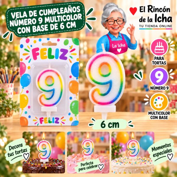 RI-0009729 Vela de Cumpleaños Número 9 Multicolor con Base de 6 cm Feliz