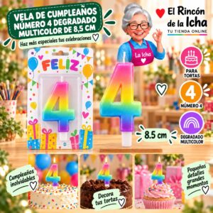 RI-0009730 Vela de Cumpleaños Número 4 Degradado Multicolor de 8,5 cm Feliz