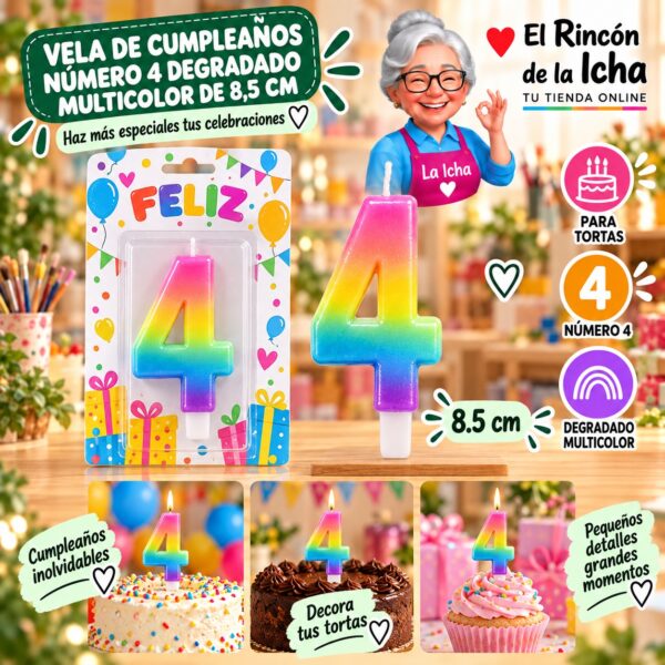 RI-0009730 Vela de Cumpleaños Número 4 Degradado Multicolor de 8,5 cm Feliz