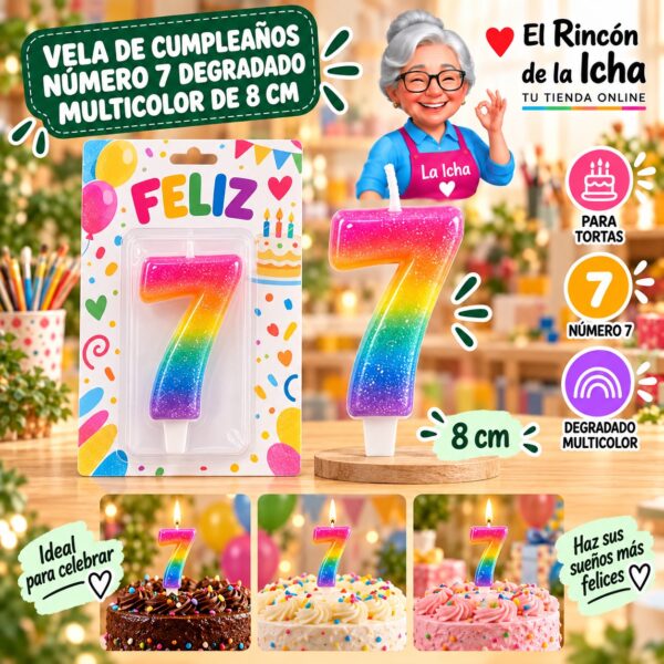 RI-0009731 Vela de Cumpleaños Número 7 Degradado Multicolor de 8 cm Feliz