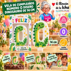 RI-0009732 Vela de Cumpleaños Número 0 Diseño Dinosaurio de 14 cm Feliz
