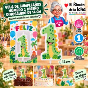 RI-0009733 Vela de Cumpleaños Número 1 Diseño Dinosaurio de 14 cm Feliz