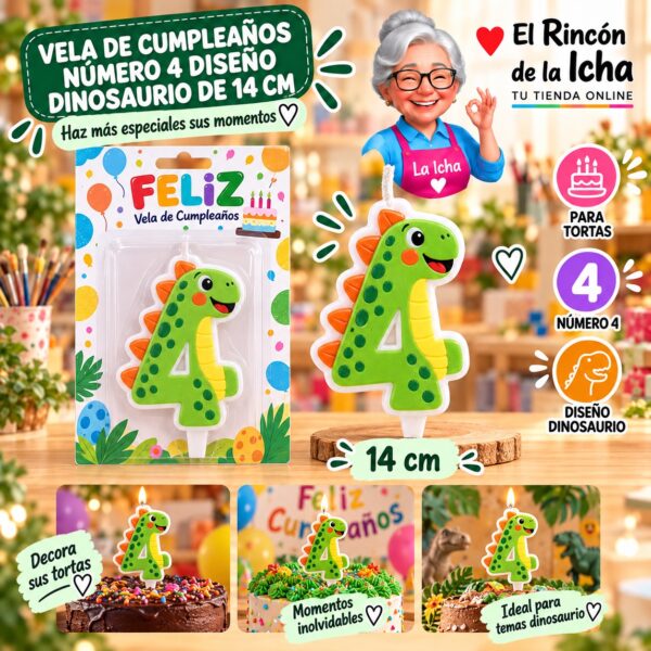 RI-0009734 Vela de Cumpleaños Número 4 Diseño Dinosaurio de 14 cm Feliz