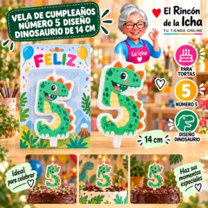 RI-0009735 Vela de Cumpleaños Número 5 Diseño Dinosaurio de 14 cm Feliz