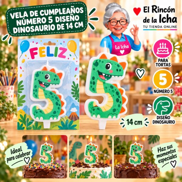 RI-0009735 Vela de Cumpleaños Número 5 Diseño Dinosaurio de 14 cm Feliz