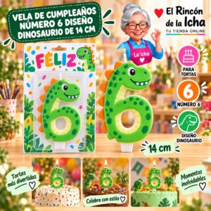 RI-0009736 Vela de Cumpleaños Número 6 Diseño Dinosaurio de 14 cm Feliz
