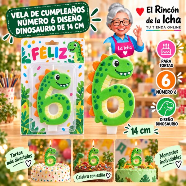 RI-0009736 Vela de Cumpleaños Número 6 Diseño Dinosaurio de 14 cm Feliz