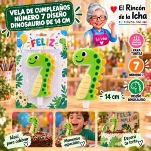 RI-0009737 Vela de Cumpleaños Número 7 Diseño Dinosaurio de 14 cm Feliz