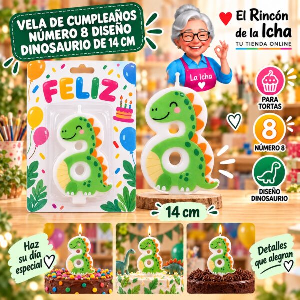 RI-0009738 Vela de Cumpleaños Número 8 Diseño Dinosaurio de 14 cm Feliz