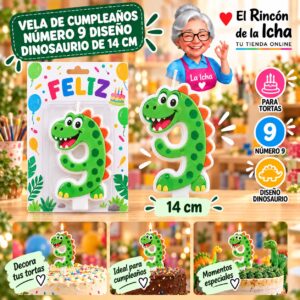 RI-0009739 Vela de Cumpleaños Número 9 Diseño Dinosaurio de 14 cm Feliz