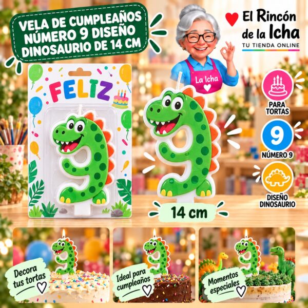 RI-0009739 Vela de Cumpleaños Número 9 Diseño Dinosaurio de 14 cm Feliz