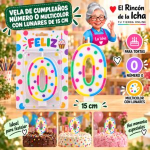 RI-0009740 Vela de Cumpleaños Número 0 Multicolor con Lunares de 15 cm Feliz
