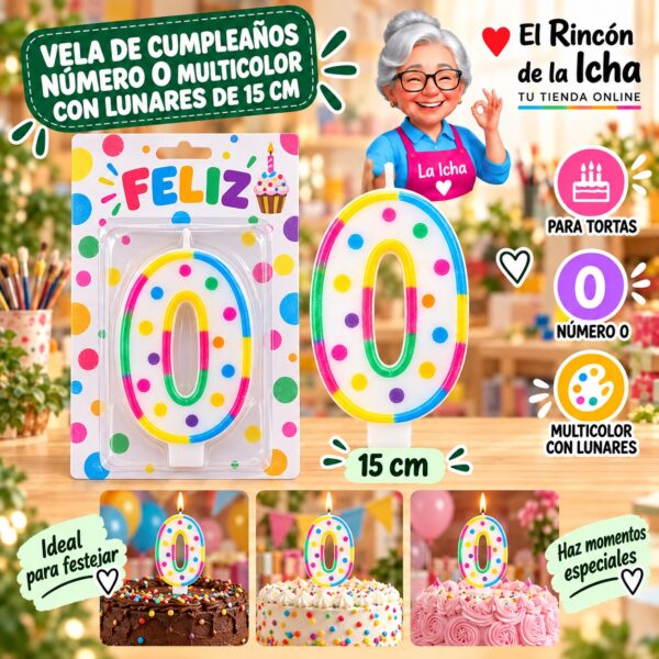 RI-0009740 Vela de Cumpleaños Número 0 Multicolor con Lunares de 15 cm Feliz