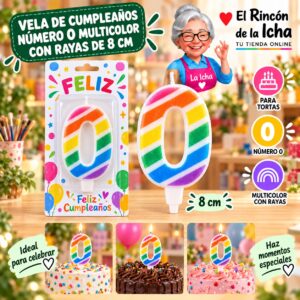 RI-0009741 Vela de Cumpleaños Número 0 Multicolor con Rayas de 8 cm Feliz