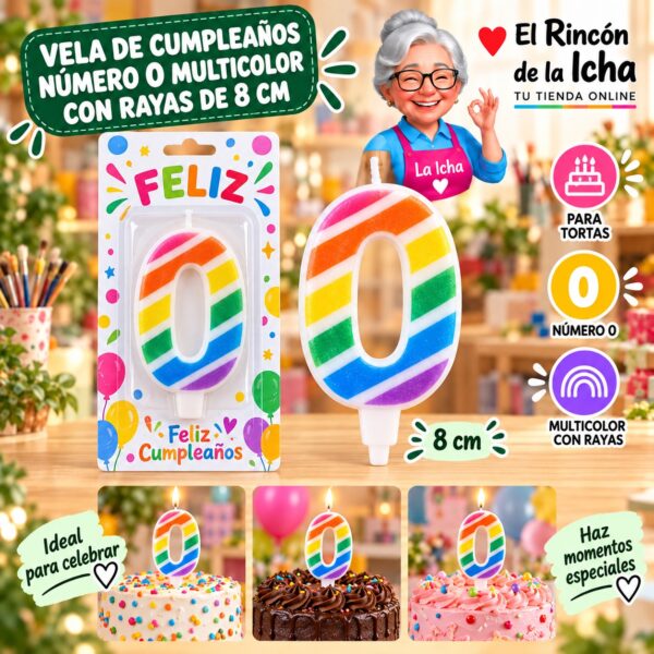RI-0009741 Vela de Cumpleaños Número 0 Multicolor con Rayas de 8 cm Feliz