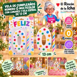 RI-0009742 Vela de Cumpleaños Número 0 Multicolor con Lunares y Vela Espiral de 13 cm Feliz