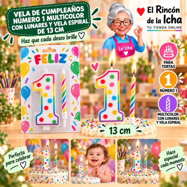 Vela de Cumpleaños Número 1 Multicolor con Lunares y Vela Espiral de 13 cm Feliz