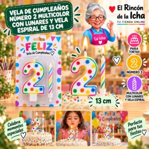 RI-0009744 Vela de Cumpleaños Número 2 Multicolor con Lunares y Vela Espiral de 13 cm Feliz