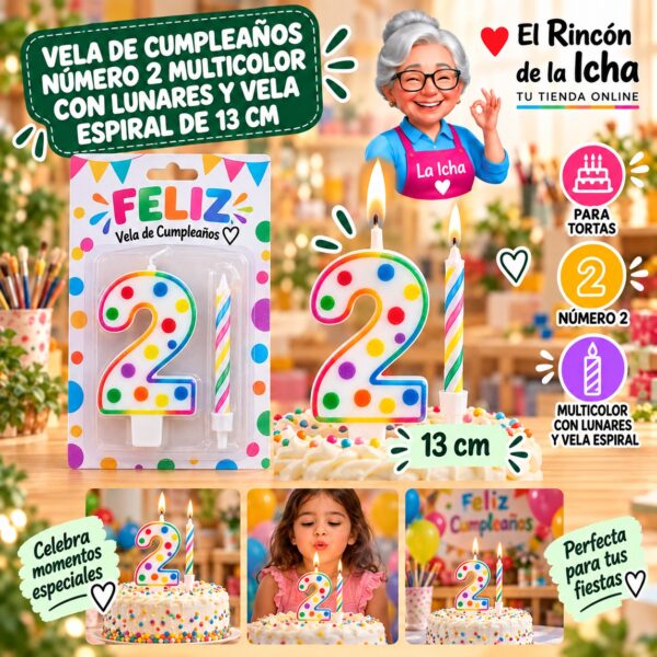 Vela de Cumpleaños Número 2 Multicolor con Lunares y Vela Espiral de 13 cm Feliz