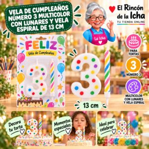 RI-0009745 Vela de Cumpleaños Número 3 Multicolor con Lunares y Vela Espiral de 13 cm Feliz