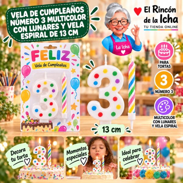 Vela de Cumpleaños Número 3 Multicolor con Lunares y Vela Espiral de 13 cm Feliz
