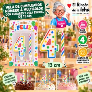 RI-0009746 Vela de Cumpleaños Número 4 Multicolor con Lunares y Vela Espiral de 13 cm Feliz