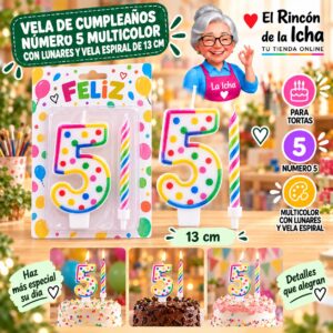 RI-0009747 Vela de Cumpleaños Número 5 Multicolor con Lunares y Vela Espiral de 13 cm Feliz