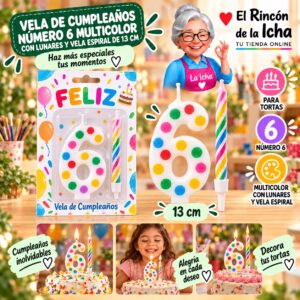RI-0009748 Vela de Cumpleaños Número 6 Multicolor con Lunares y Vela Espiral de 13 cm Feliz