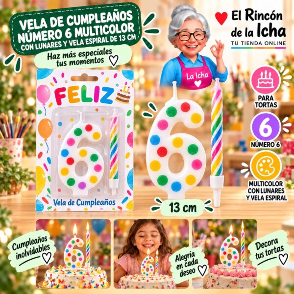 Vela de Cumpleaños Número 6 Multicolor con Lunares y Vela Espiral de 13 cm Feliz