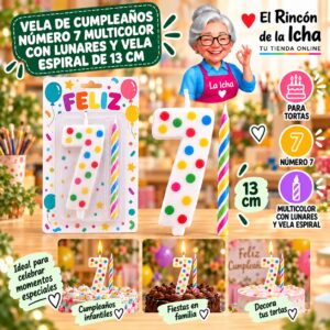 RI-0009749 Vela de Cumpleaños Número 7 Multicolor con Lunares y Vela Espiral de 13 cm Feliz