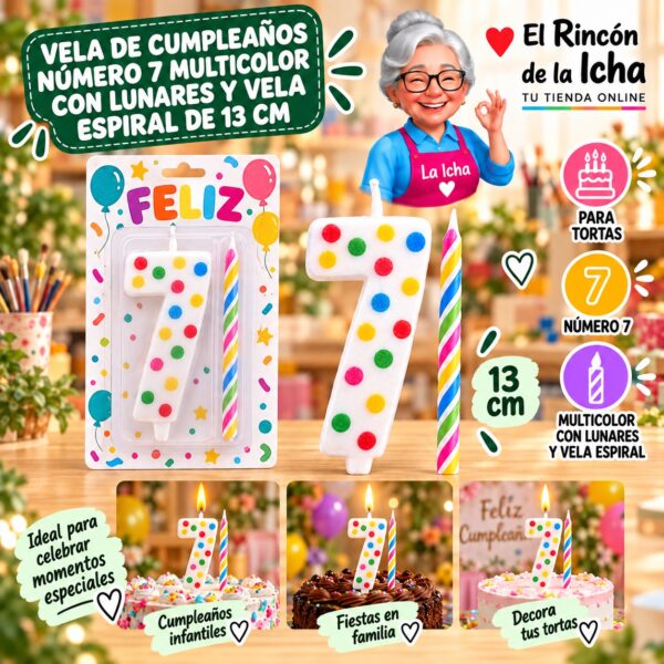 Vela de Cumpleaños Número 7 Multicolor con Lunares y Vela Espiral de 13 cm Feliz