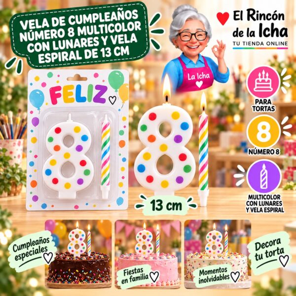 Vela de Cumpleaños Número 8 Multicolor con Lunares y Vela Espiral de 13 cm Feliz