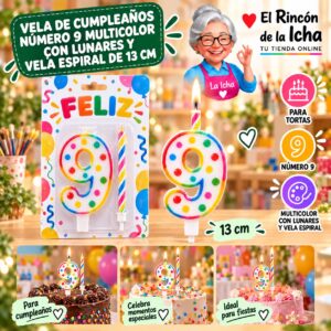 RI-0009751 Vela de Cumpleaños Número 9 Multicolor con Lunares y Vela Espiral de 13 cm Feliz