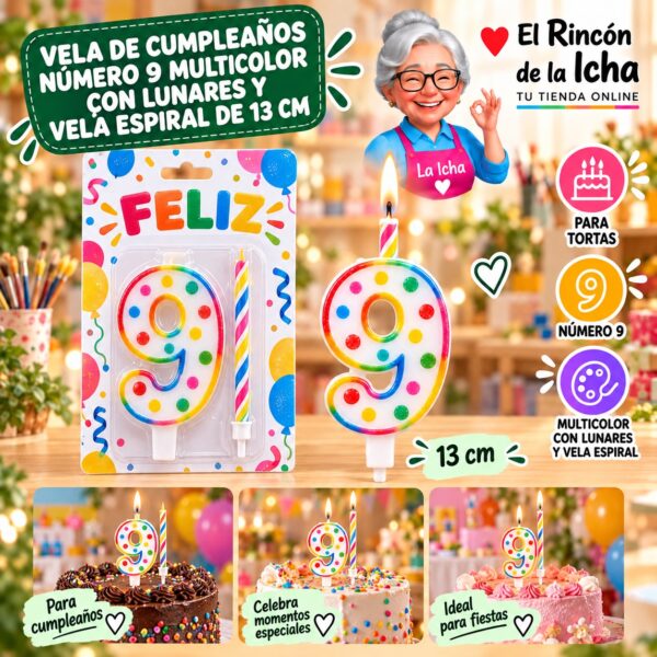 Vela de Cumpleaños Número 9 Multicolor con Lunares y Vela Espiral de 13 cm Feliz