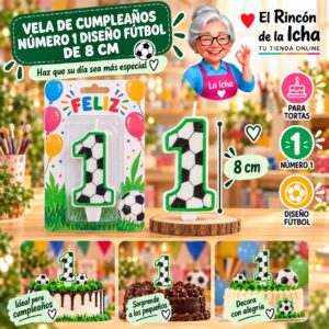 RI-0009753 Vela de Cumpleaños Número 1 Diseño Fútbol de 8 cm Feliz