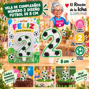 RI-0009754 Vela de Cumpleaños Número 2 Diseño Fútbol de 8 cm Feliz