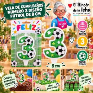 RI-0009755 Vela de Cumpleaños Número 3 Diseño Fútbol de 8 cm Feliz