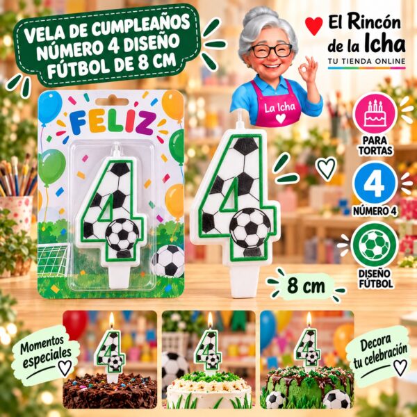 Vela de Cumpleaños Número 4 Diseño Fútbol de 8 cm Feliz