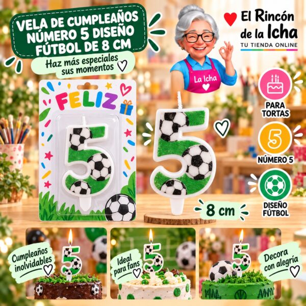 Vela de Cumpleaños Número 5 Diseño Fútbol de 8 cm Feliz
