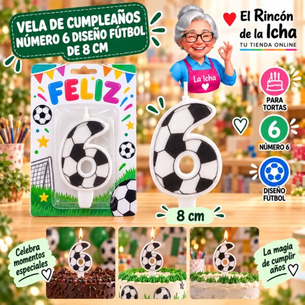 RI-0009758 Vela de Cumpleaños Número 6 Diseño Fútbol de 8 cm Feliz