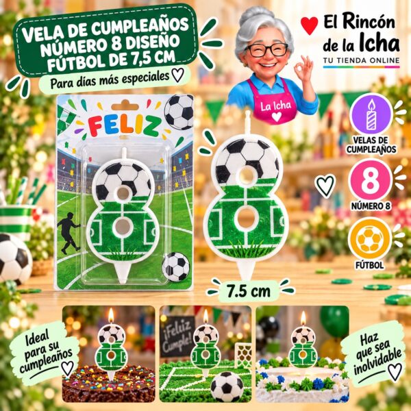 Vela de Cumpleaños Número 8 Diseño Fútbol de 7,5 cm Feliz